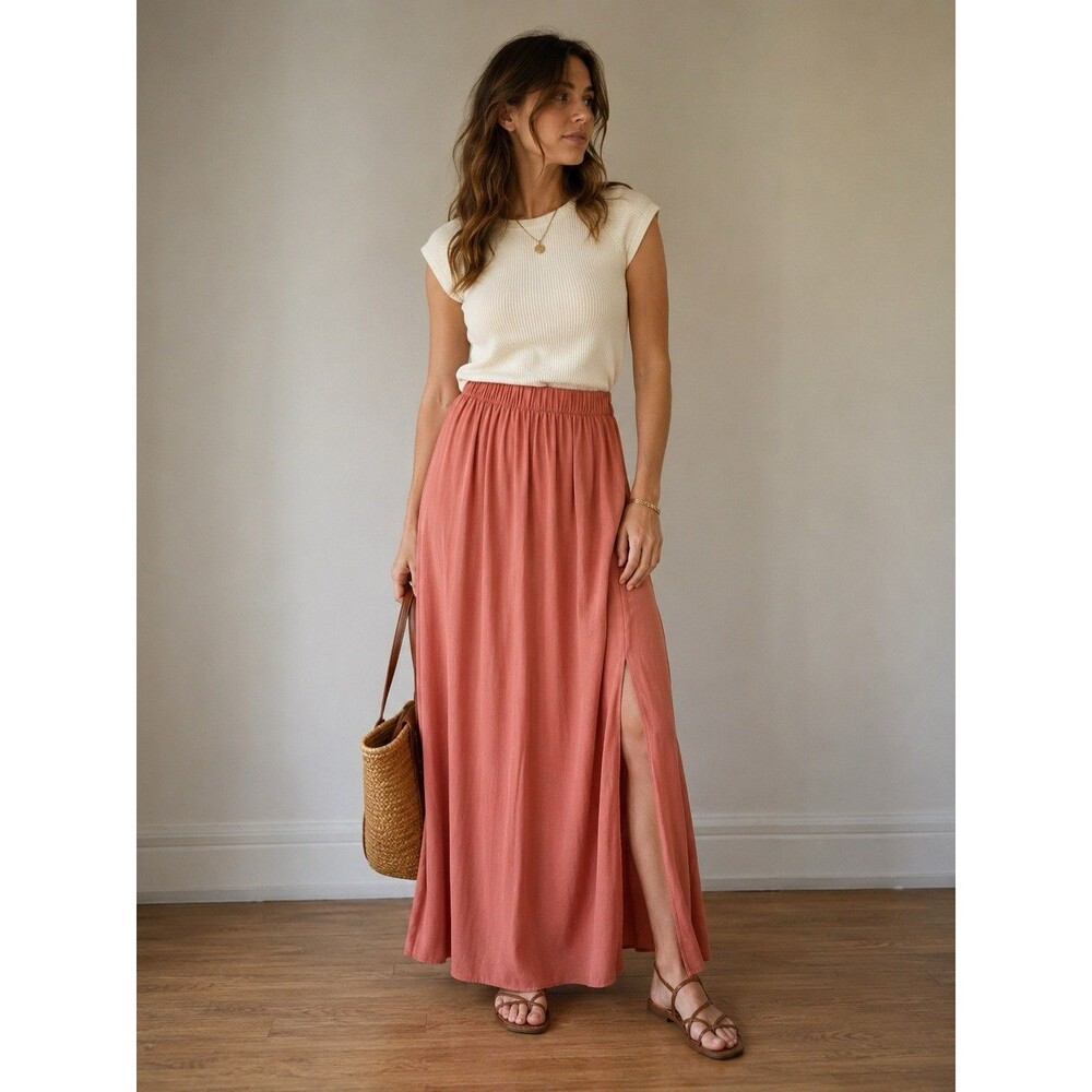 Topshop Dusty Rose Maxi Skirt Side Slit Elastic Waist Flowy Boho Women’s Size 6